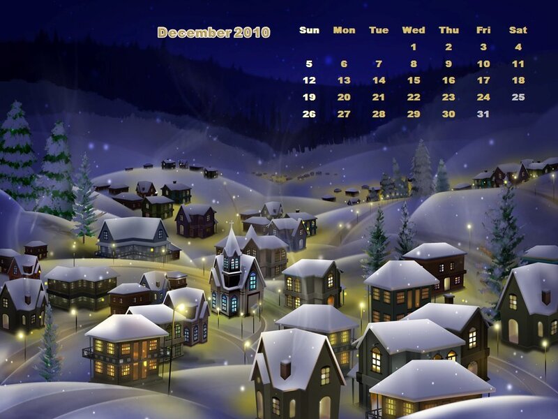 Snowy Village at Night — Blue, Peaceful