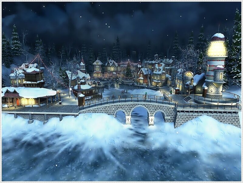 Snowy Village at Night — Blue, Serene, 3d Render, Bridge
