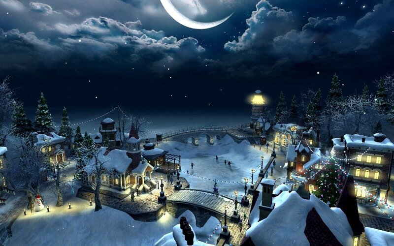 Snowy Village at Night — Blue, Serene, 3d Render