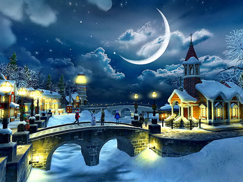 Snowy Village at Night — Blue, Serene, Digital Art, Moon, Bridge
