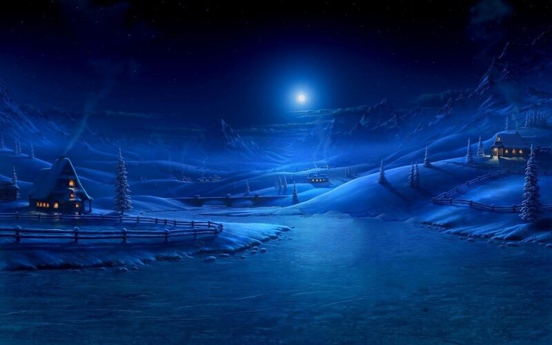 Snowy Village at Night — Blue, Serene, Digital Art, Moon, Mountains
