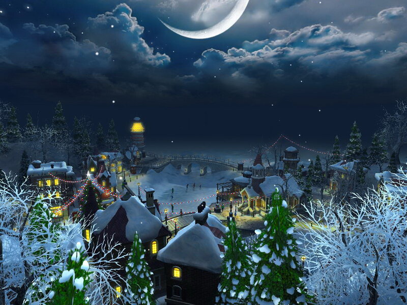 Snowy Village at Night — Blue, Serene, Digital Art, Moon, Trees