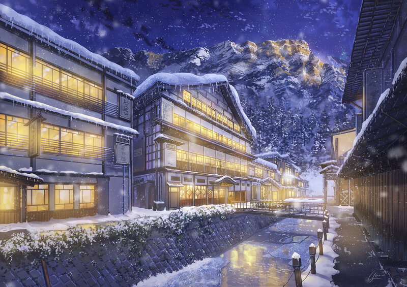 Snowy Village at Night — Blue, Serene, Digital Art, Mountains