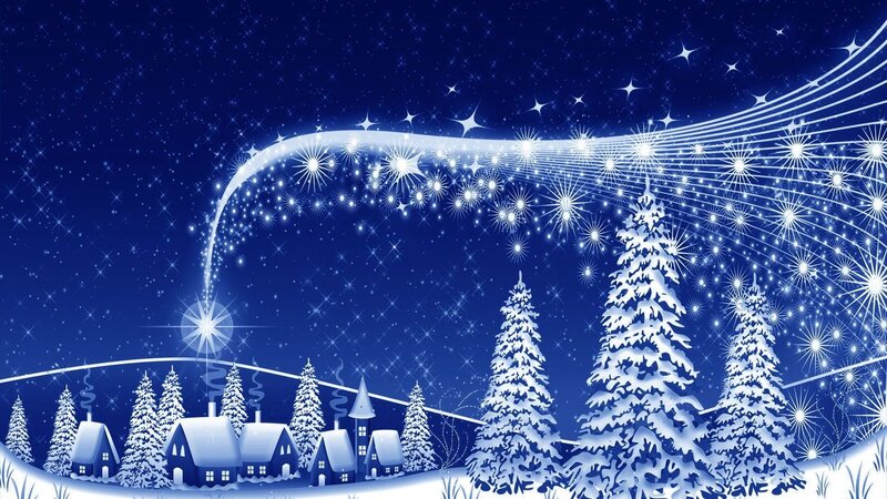 Snowy Village at Night — Blue, Serene, Digital Art, Stars
