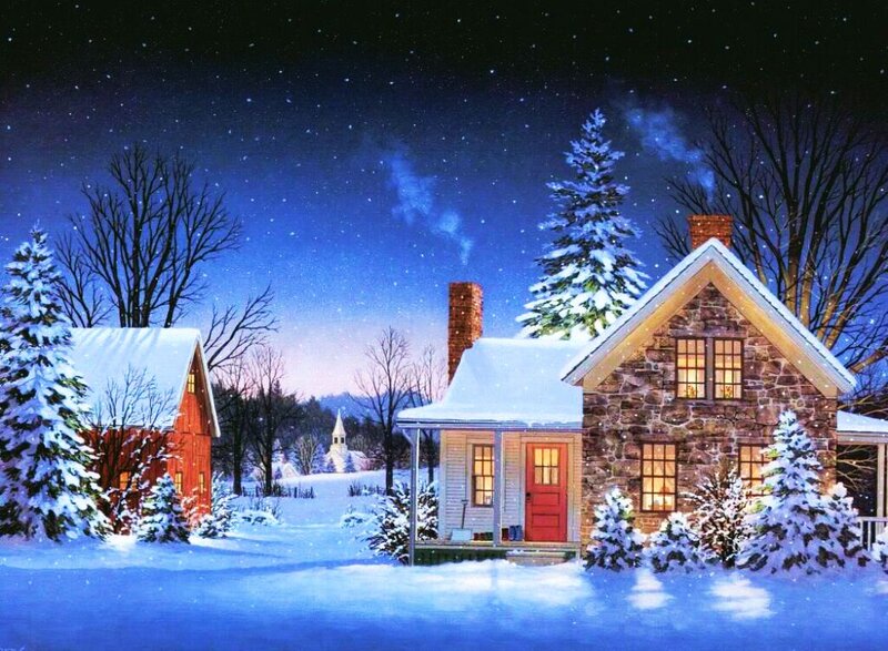 Snowy Village at Night — Blue, Serene, Illustration, Houses