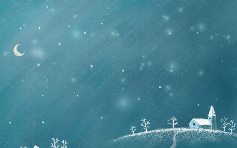 Snowy Village at Night — Blue, Serene, Illustration, Moon, Church