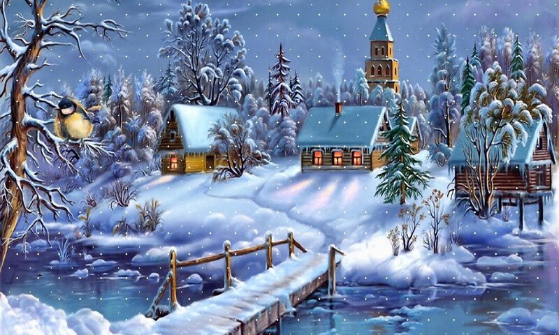 Snowy Village at Night — Blue, Serene, Painting, Bird