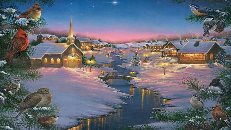 Snowy Village at Night — Blue, Serene, Painting, Birds