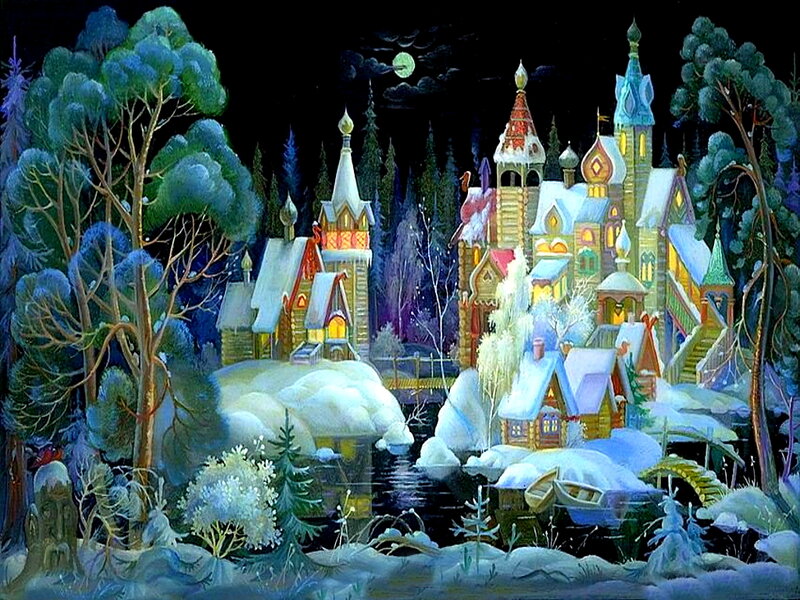 Snowy Village at Night — Blue, Serene, Painting, Castle