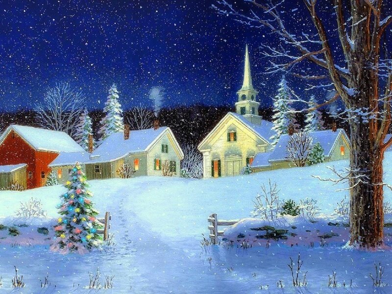 Snowy Village at Night — Blue, Serene, Painting, Church, Christmas Tree, Houses
