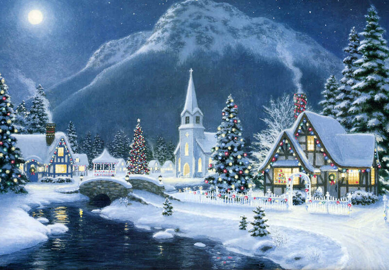 Snowy Village at Night — Blue, Serene, Painting, Church