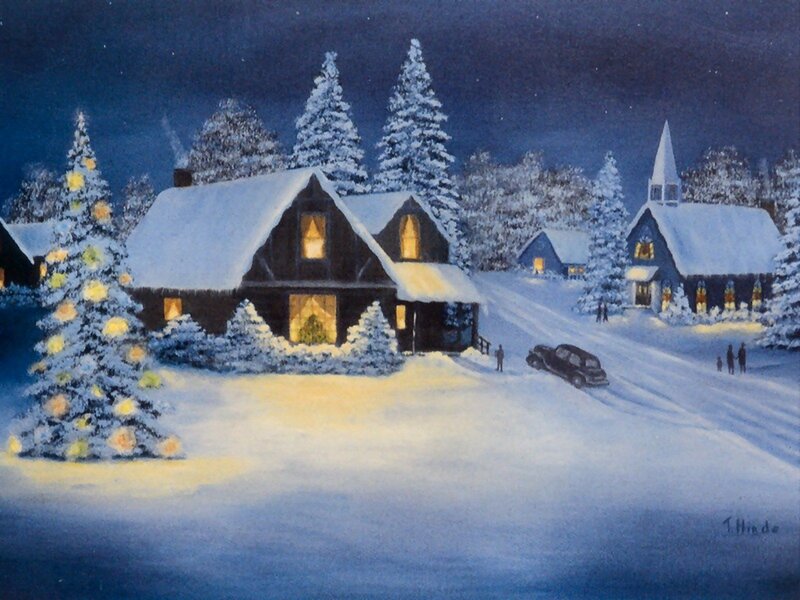 Snowy Village at Night — Blue, Serene, Painting, House