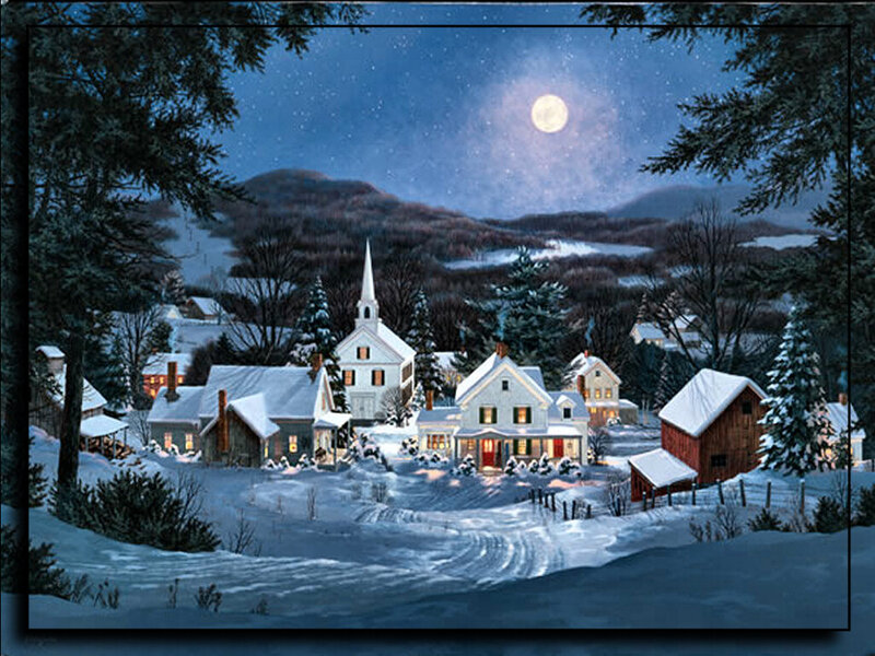 Snowy Village at Night — Blue, Serene, Painting, Moon