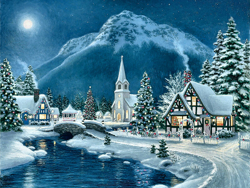 Snowy Village at Night — Blue, Serene, Painting, Mountain
