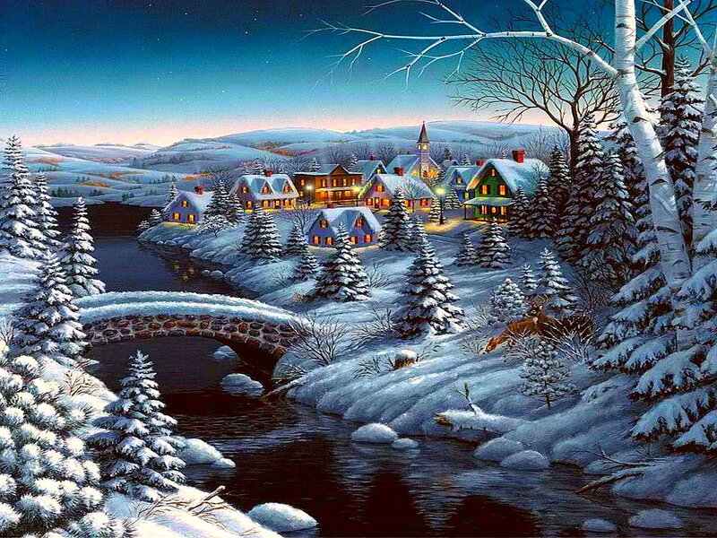 Snowy Village at Night — Blue, Serene, Painting, River, Bridge