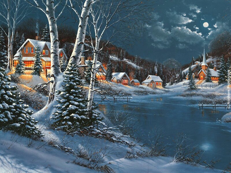 Snowy Village at Night — Blue, Serene, Painting