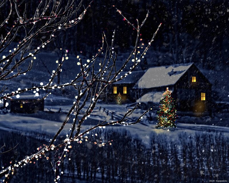 Snowy Village at Night — Blue, Serene, Photograph, Christmas Tree, House