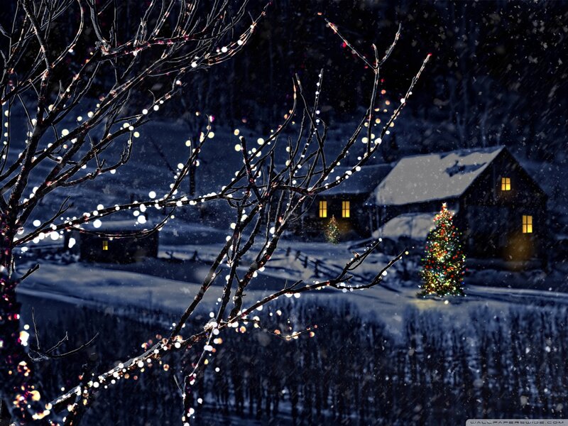 Snowy Village at Night — Blue, Serene, Photograph, Christmas Tree