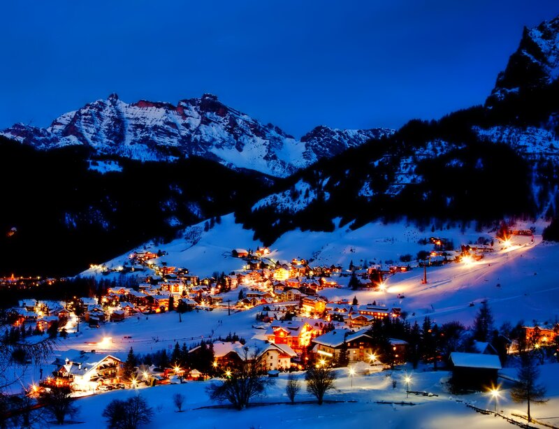 Snowy Village at Night — Blue, Serene, Photograph, Mountains, Lights