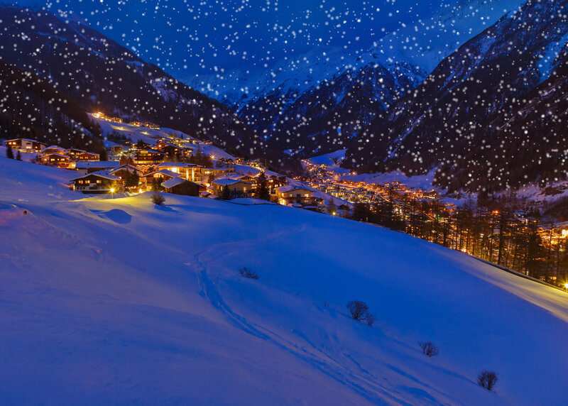 Snowy Village at Night — Blue, Serene, Photograph, Mountains, Snow, Lights