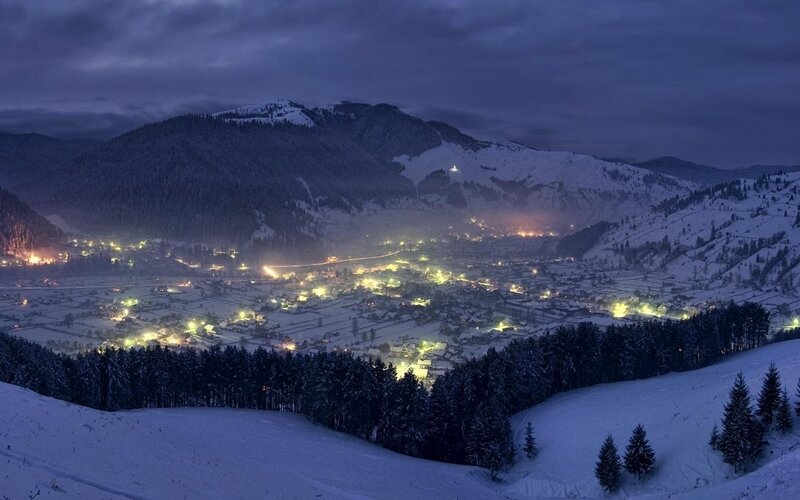 Snowy Village at Night — Blue, Serene, Photograph, Mountains, Trees, Lights