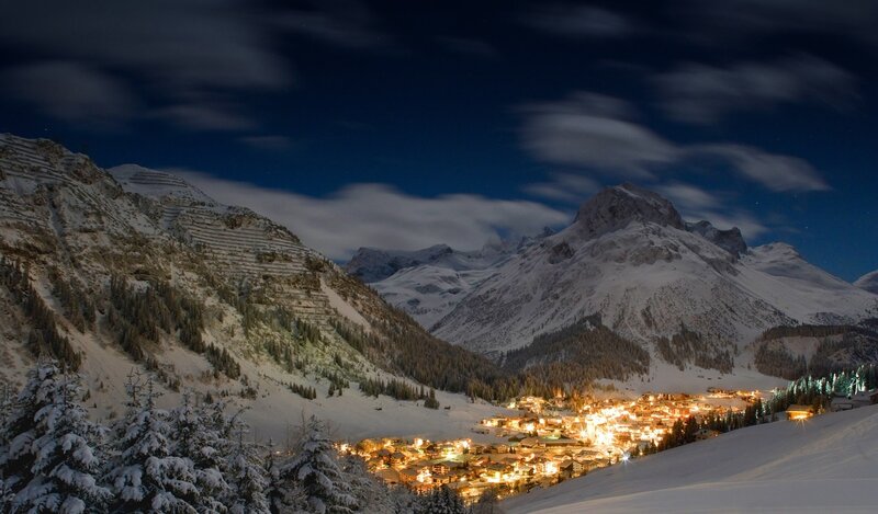 Snowy Village at Night — Blue, Serene, Photograph, Mountains, Trees