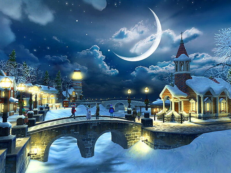 Snowy Village at Night — Blue, Serene