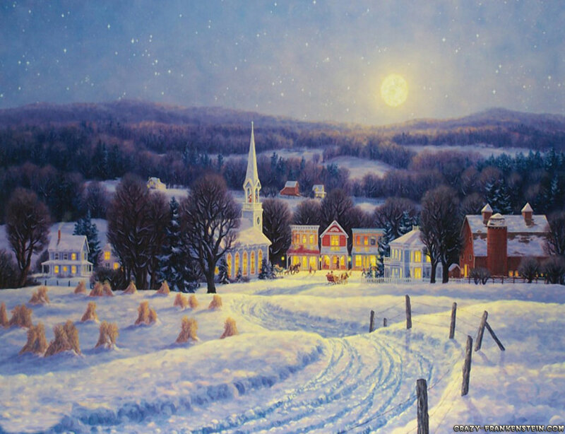 Snowy Village at Night — Blue