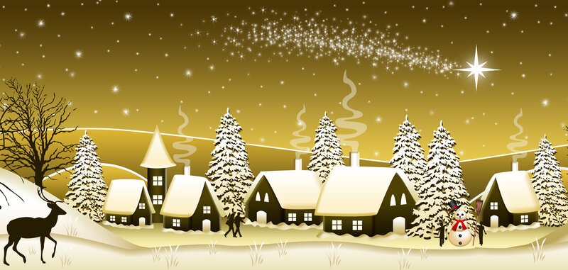Snowy Village at Night — Gold