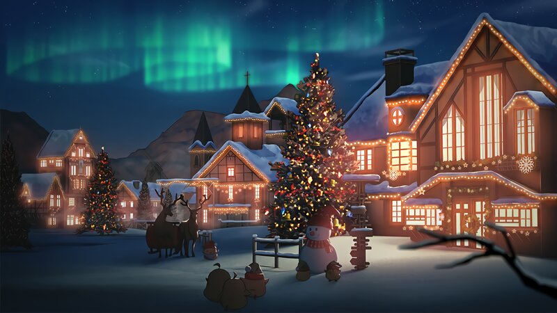 Snowy Village at Night — Green, Festive