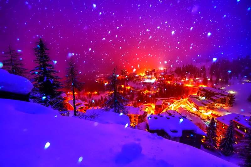 Snowy Village at Night — Purple, Dramatic