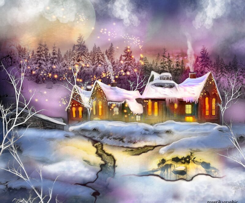 Snowy Village at Night — Purple, Peaceful, Digital Art