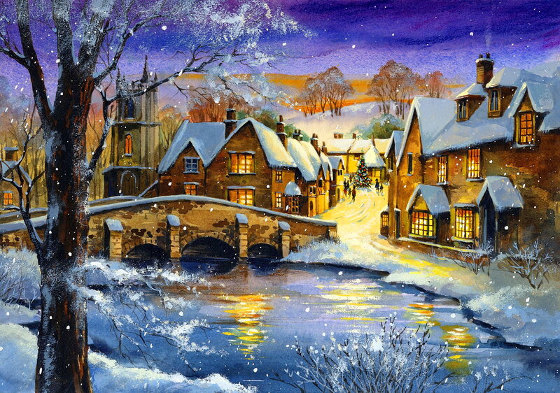 Snowy Village at Night — Purple, Peaceful, Painting