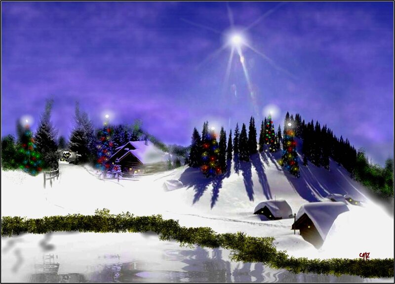 Snowy Village at Night — Purple, Serene, Digital Art, Trees