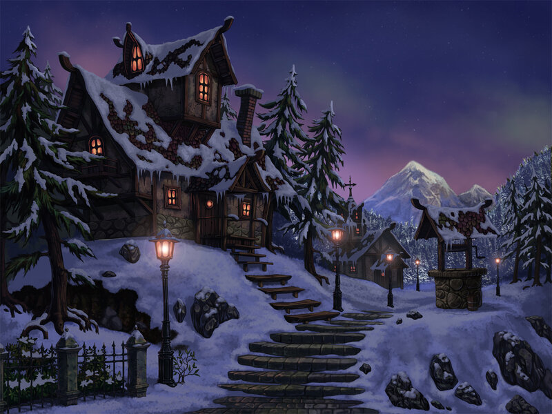 Snowy Village at Night — Purple, Serene