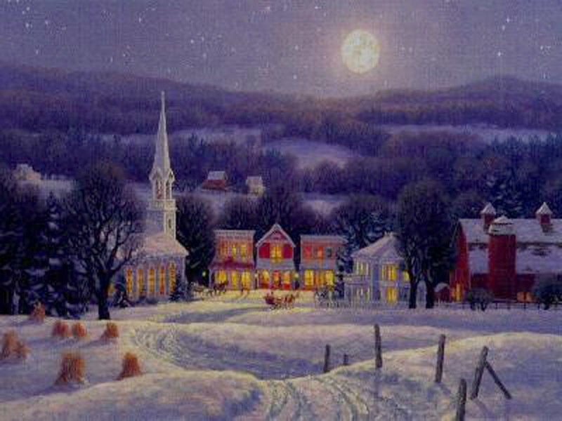 Snowy Village at Night — Purple