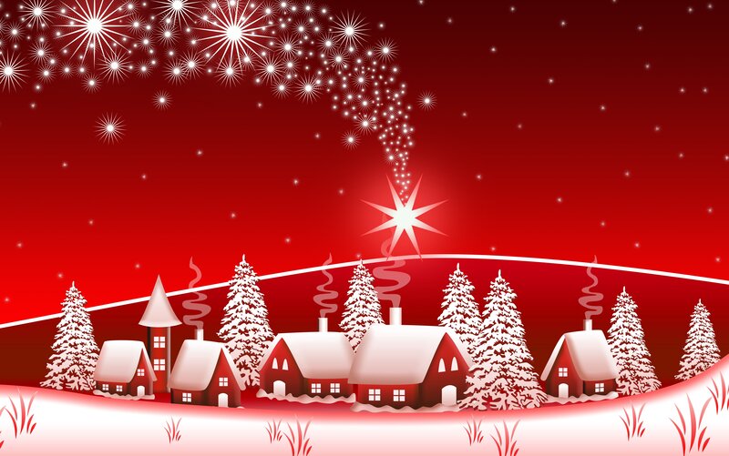 Snowy Village at Night — Red, Festive, Digital Art, Houses