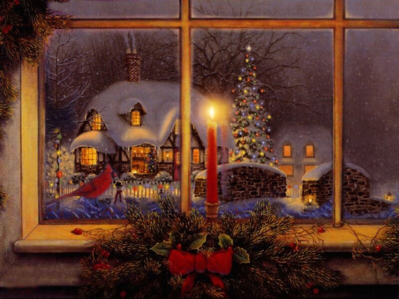 Snowy Village at Night — Red, Peaceful, Painting