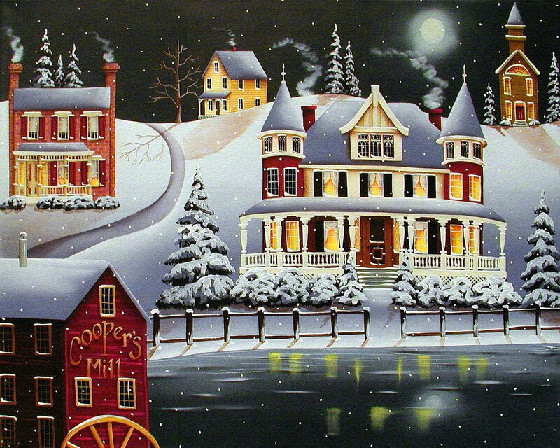 Snowy Village at Night — Red, Peaceful