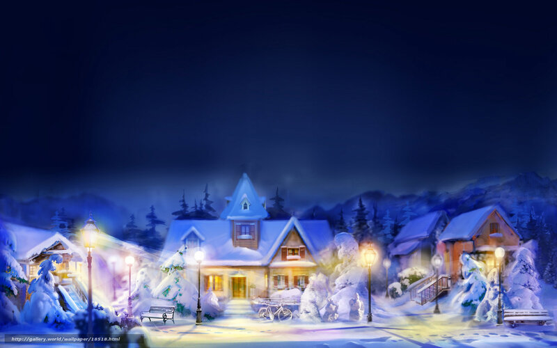Snowy village at night