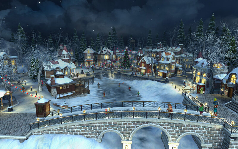 Snowy Village at Night — White, Festive, 3d Render, Bridge