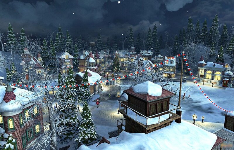 Snowy Village at Night — White, Festive, 3d Render, Buildings