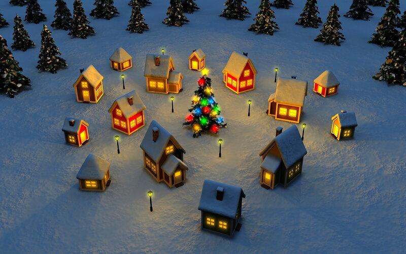 Snowy Village at Night — White, Festive, 3d Render, Houses