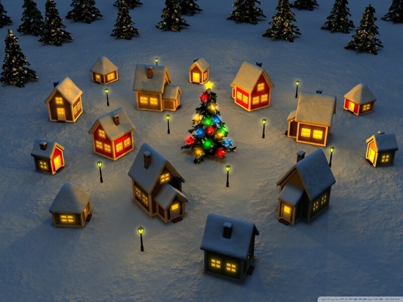 Snowy Village at Night — White, Festive, 3d Render