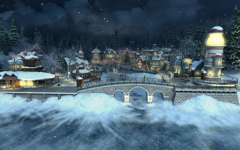 Snowy Village at Night — White, Peaceful, 3d Render, Bridge