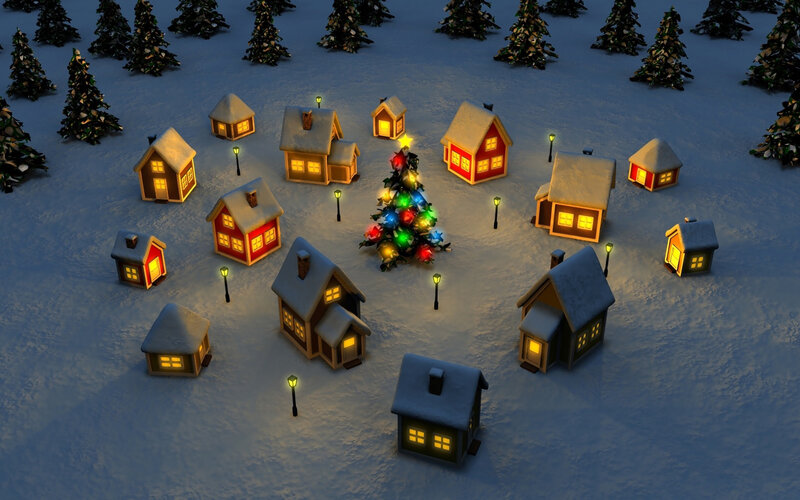 Snowy Village at Night — White, Peaceful, 3d Render