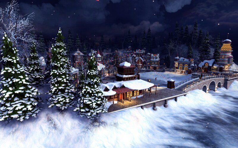 Snowy Village at Night — White, Peaceful, 3d Render, Trees