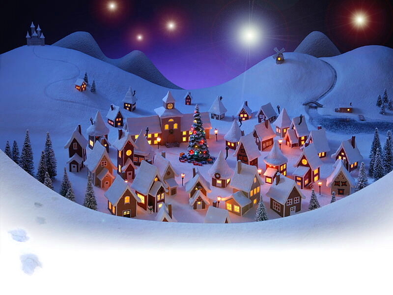 Snowy Village at Night — White, Peaceful, Digital Art, Christmas Tree