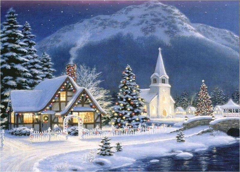 Snowy Village at Night — White, Peaceful, Painting