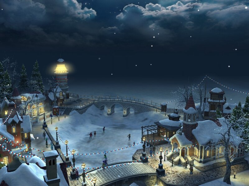 Snowy Village at Night — White, Serene, 3d Render, Lighthouse